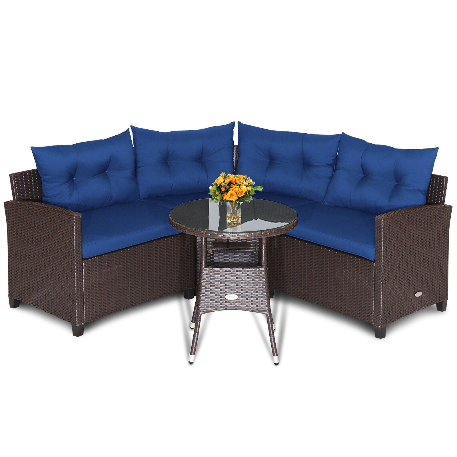 4 Pieces Patio Rattan Furniture Set Cushioned Sofa Glass Table - Tampa Home & Garden Store