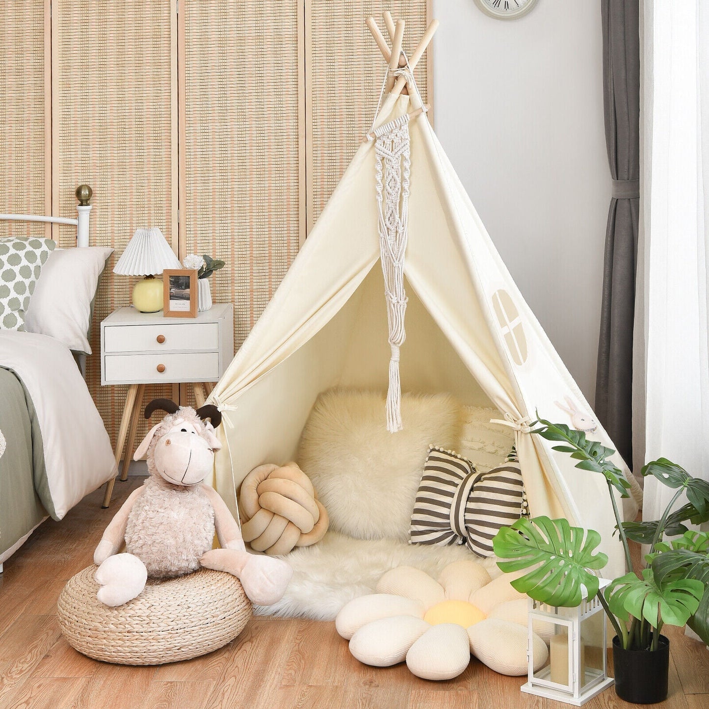 GemGear Foldable Kids Canvas Teepee Play Tent, cream canvas with macrame front, cozy room decor on Tampa Home & Garden Store