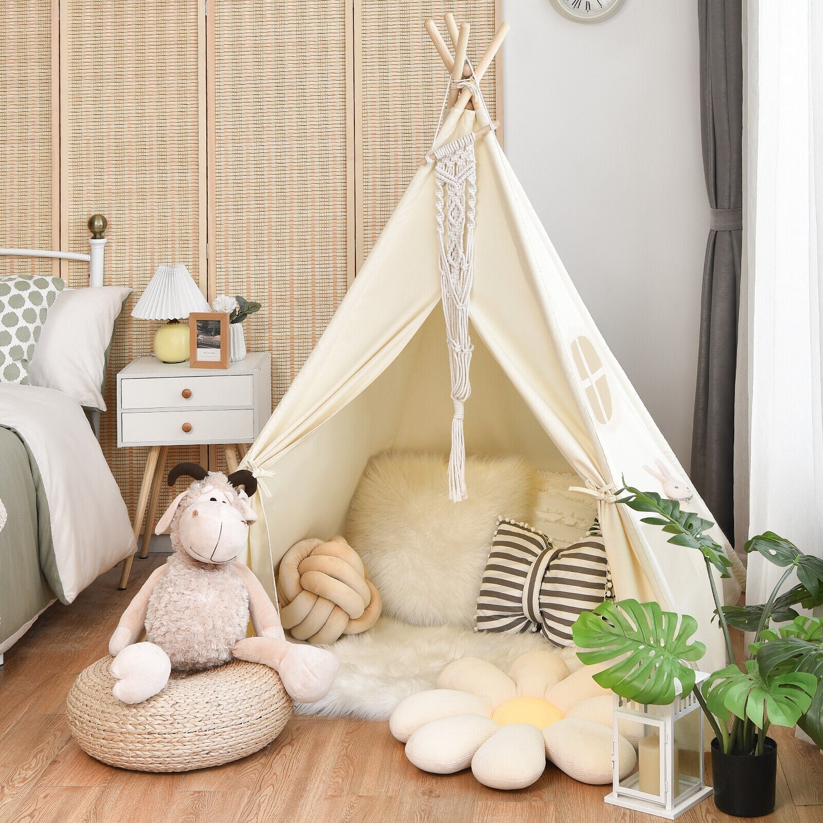 GemGear Foldable Kids Canvas Teepee Play Tent, cream canvas with macrame front, cozy room decor on Tampa Home & Garden Store