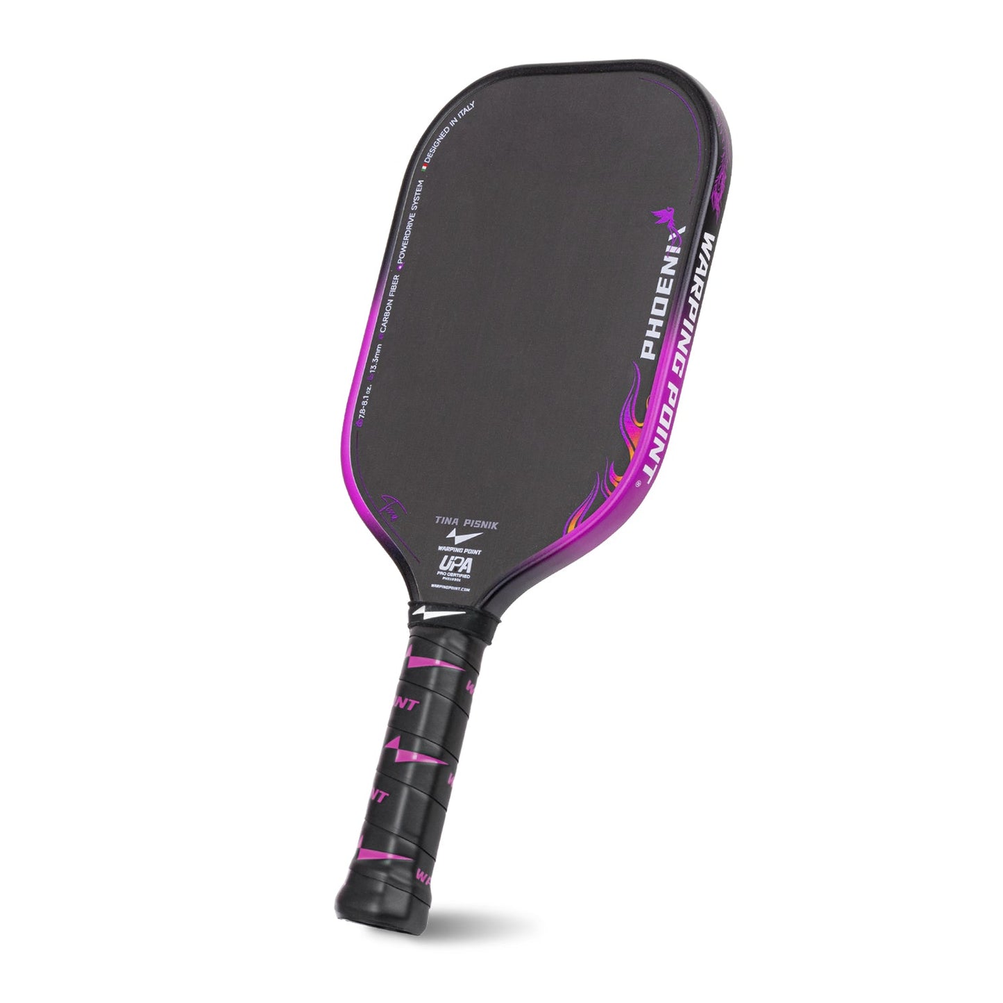 Phoenix Pickleball Paddle 13.3mm by Warping Point, black face with purple edge and phoenix logo on Tampa Home & Garden Store