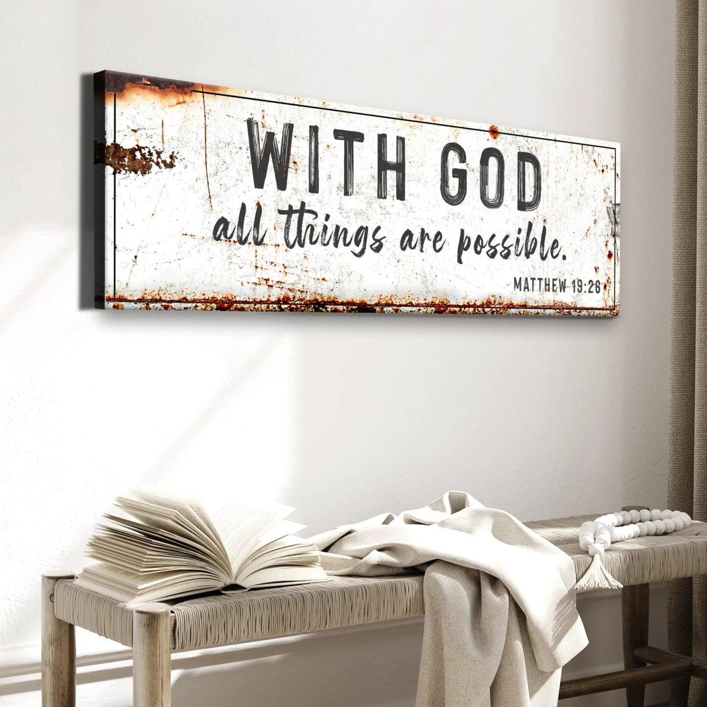 Canvas sign by Tailored Canvases, distressed white with rust and black lettering on Tampa Home & Garden Store