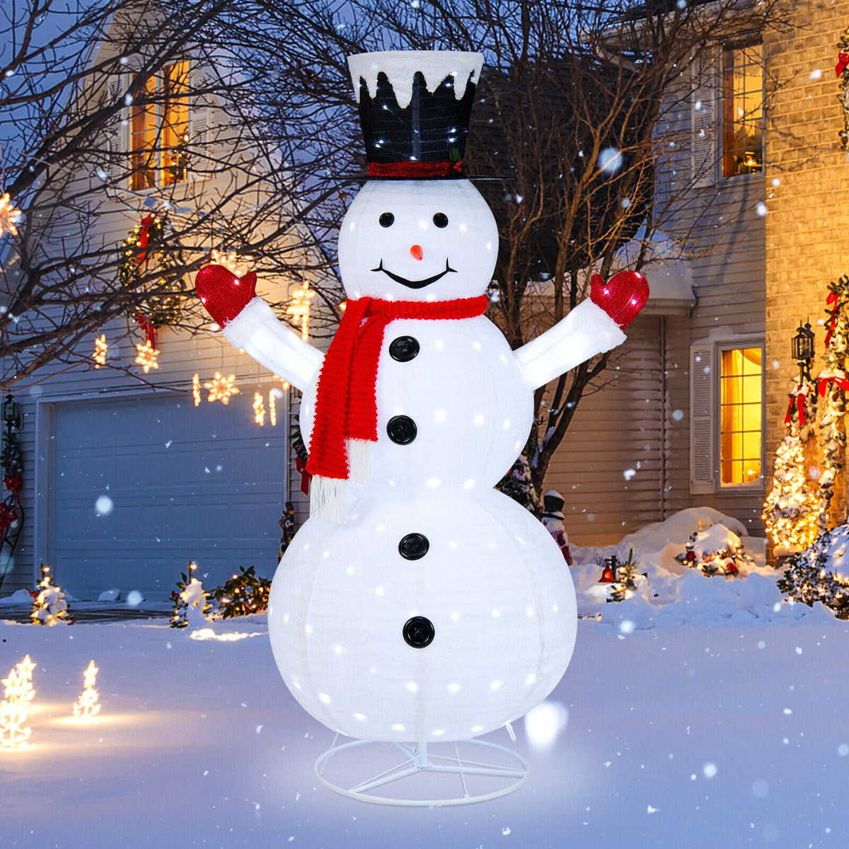 6 Feet Lighted Snowman by DirectDeals with top hat and red scarf in snowy front yard on Tampa Home & Garden Store