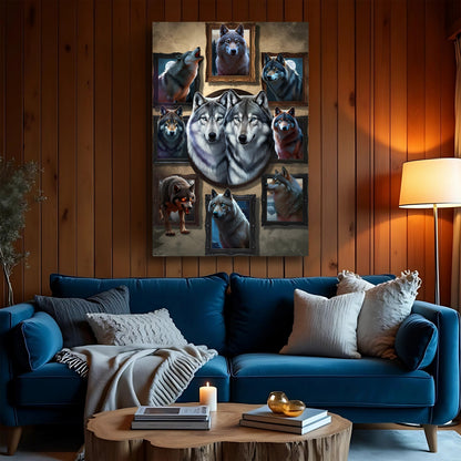 3D Wolf Collage Canvas by Tailored Canvases with multi-frame gray and blue wolf portraits on Tampa Home & Garden Store
