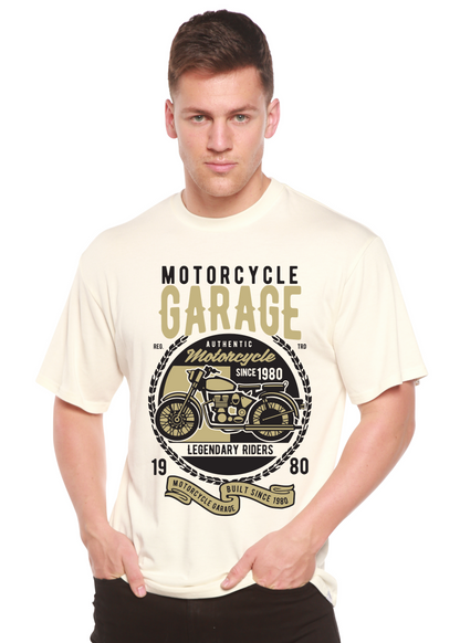 Men's Motorcycle Garage graphic T-shirt in cream bamboo viscose/organic cotton by Spun Bamboo on Tampa Home & Garden Store