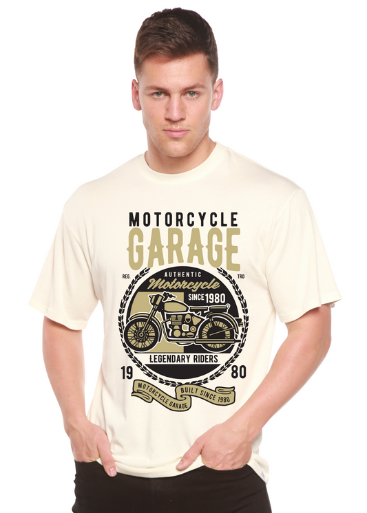 Men's Motorcycle Garage graphic T-shirt in cream bamboo viscose/organic cotton by Spun Bamboo on Tampa Home & Garden Store