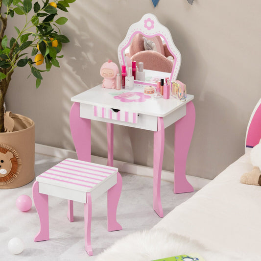 2-in-1 Toddler Vanity Set with Detachable Top & Cute Flower Patterns-White - Tampa Home & Garden Store