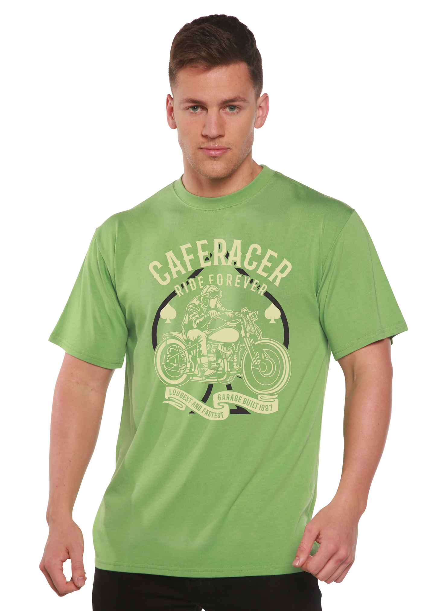 Caferacer Ride Forever men's shirt lime green motorcycle print bamboo viscose/organic cotton on Tampa Home & Garden Store