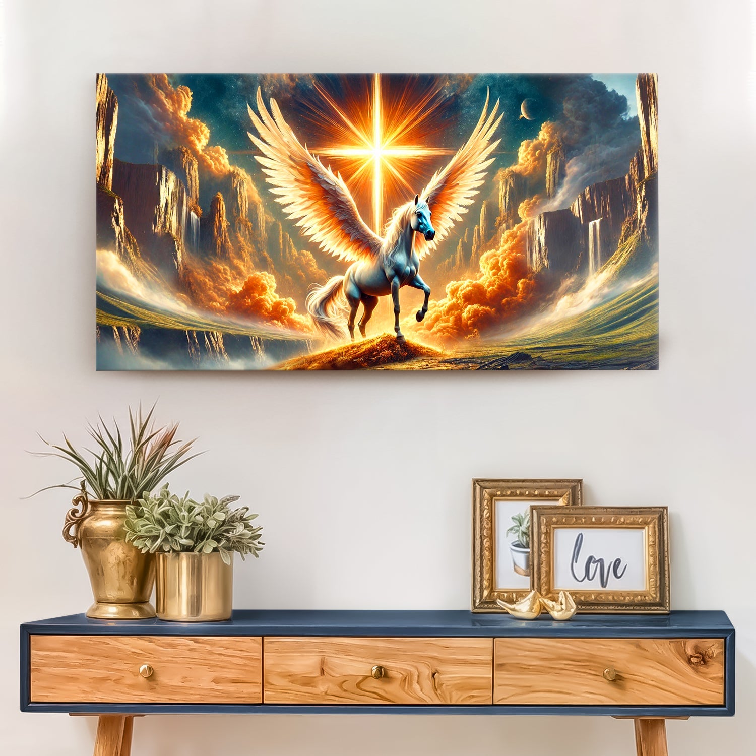 3D Horse Faith Wall Art canvas with a blue-white Pegasus and golden wings in a dramatic sky on Tampa Home & Garden Store