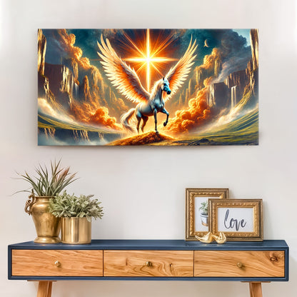 3D Horse Faith Wall Art canvas with a blue-white Pegasus and golden wings in a dramatic sky on Tampa Home & Garden Store