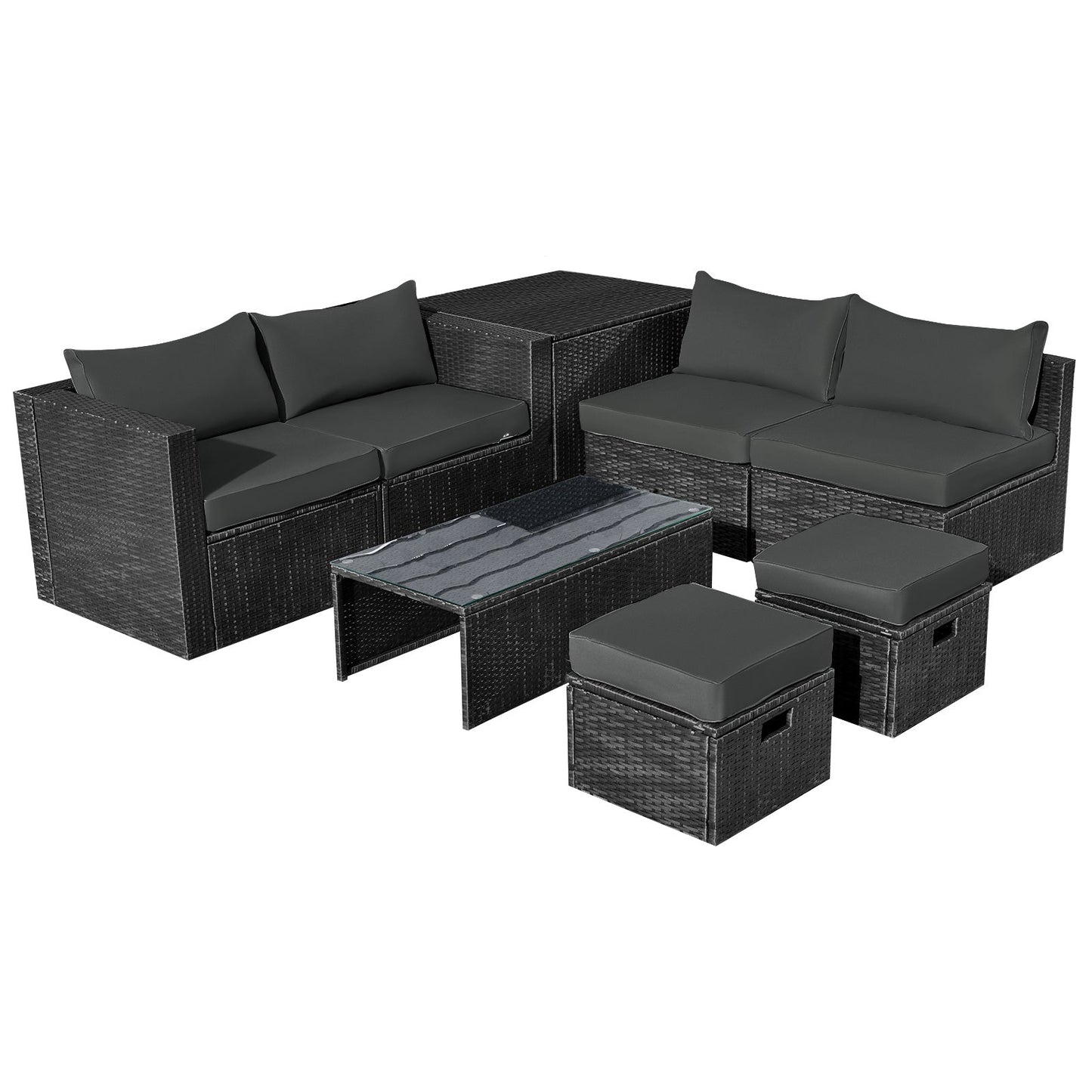 8 Pieces Patio Rattan Storage Table Furniture Set-Black