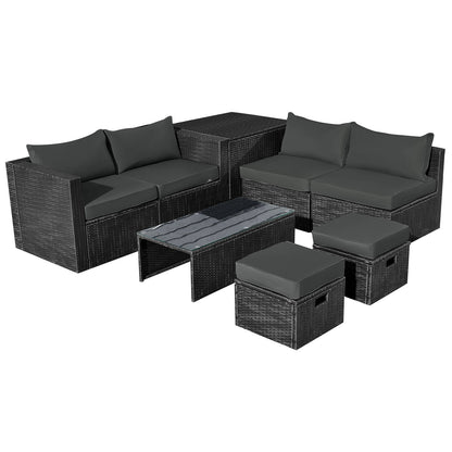 8 Pieces Patio Rattan Storage Table Furniture Set-Black