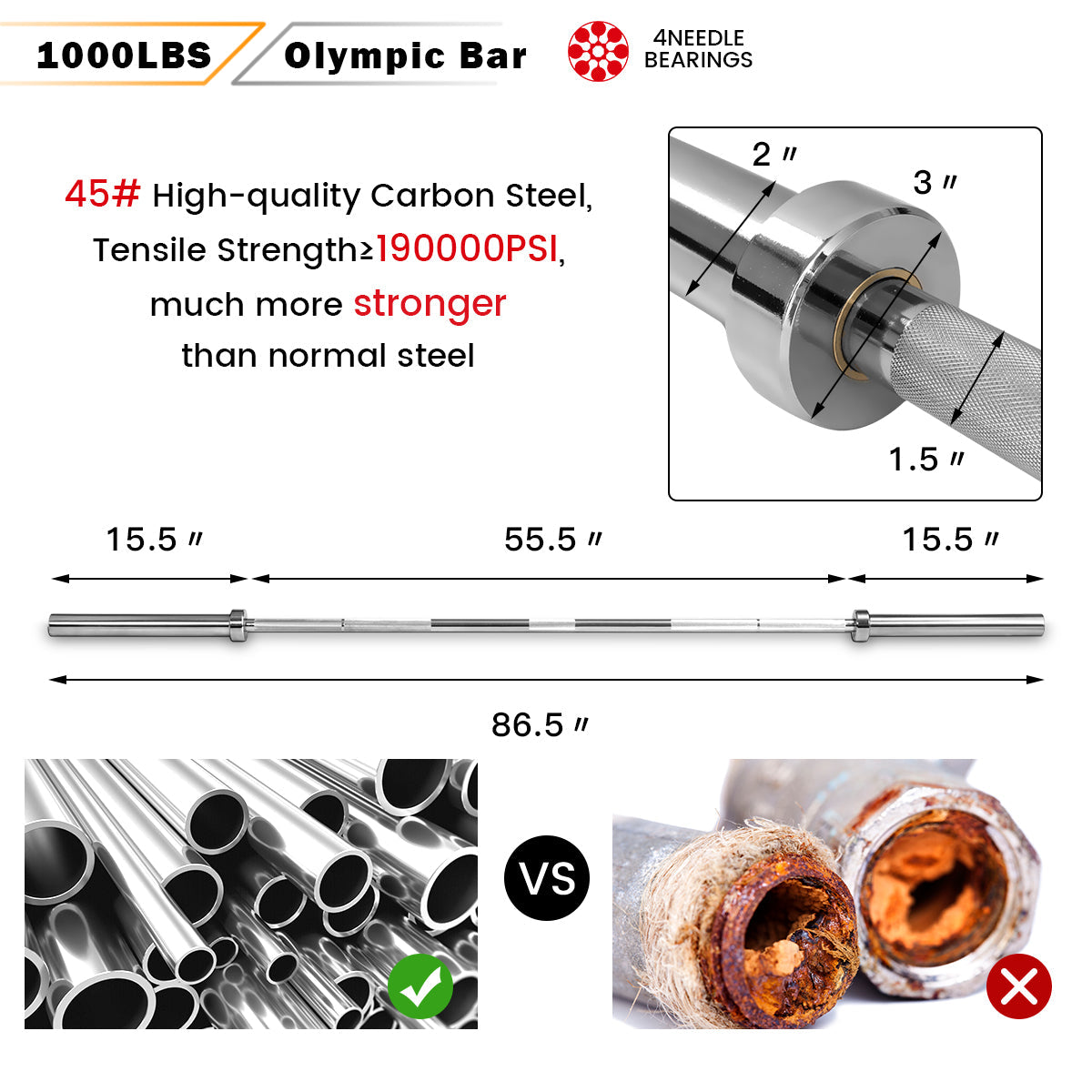 1000 lbs Weight Lifting Barbell DirectDeals Olympic chrome steel 86.5in long with 15.5in sleeves on Tampa Home & Garden Store