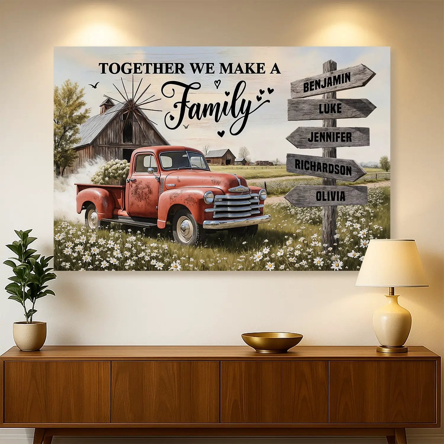 Tailored Canvases canvas wall art personalized farmhouse old truck, red pickup and signpost on Tampa Home & Garden Store