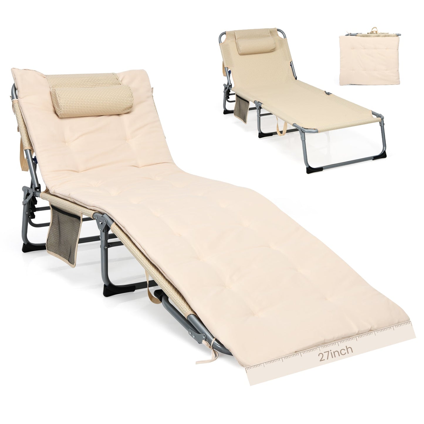 4-Fold Oversize Padded Folding Lounge Chair with Removable Soft Mattress-Black