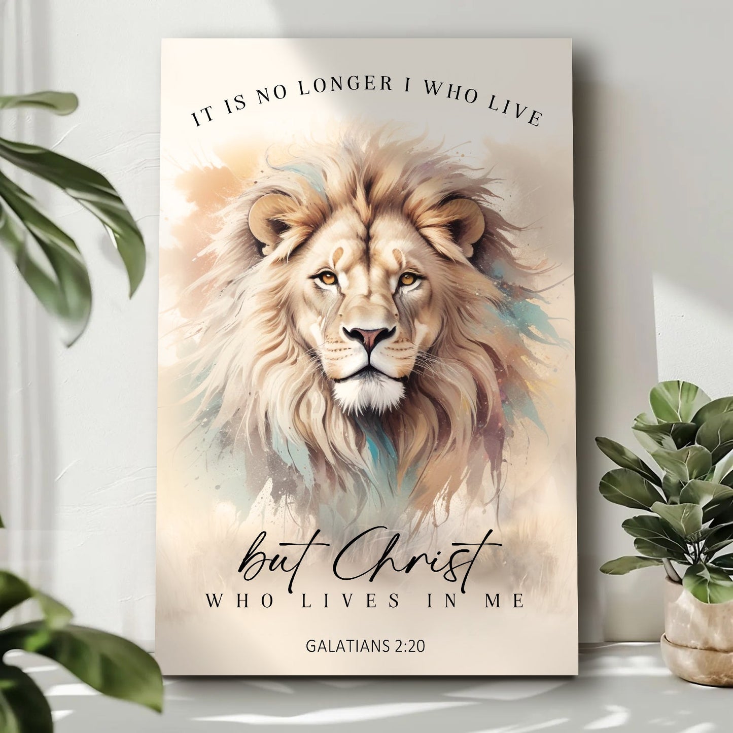 Canvas faith sign featuring a regal lion portrait and Galatians 2:20 by Tailored Canvases on Tampa Home & Garden Store