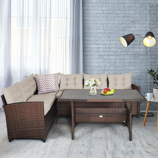 3 Pieces Hand-Woven Rattan Outdoor Sofa Set with Dining Table - Tampa Home & Garden Store