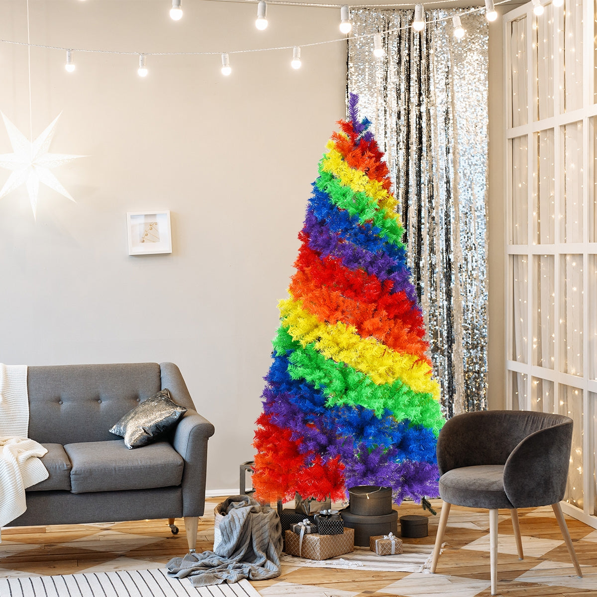Árbol de Navidad tradicional artificial con bisagras y soporte de metal de 2.1 m