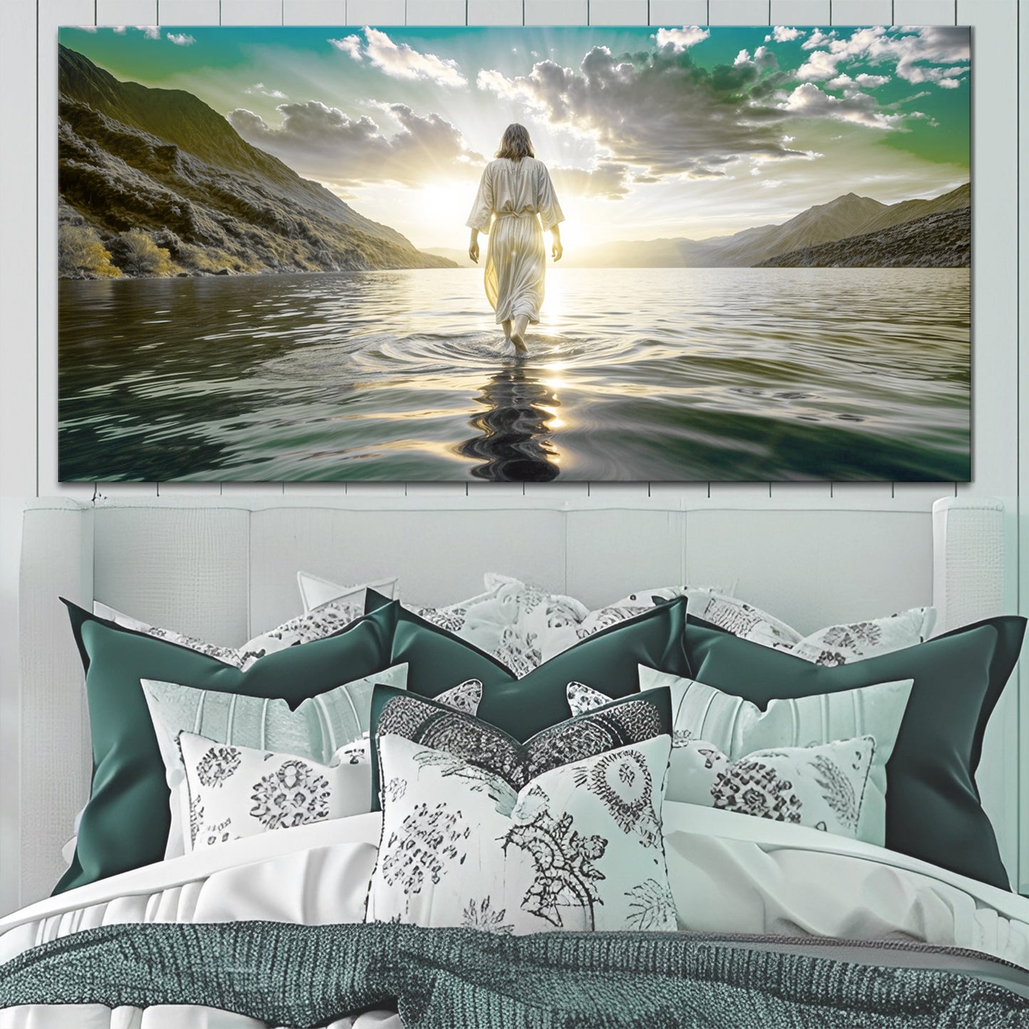 Reflections Faith Wall Art XIII canvas walking on sunlit water toward mountains on Tampa Home & Garden Store