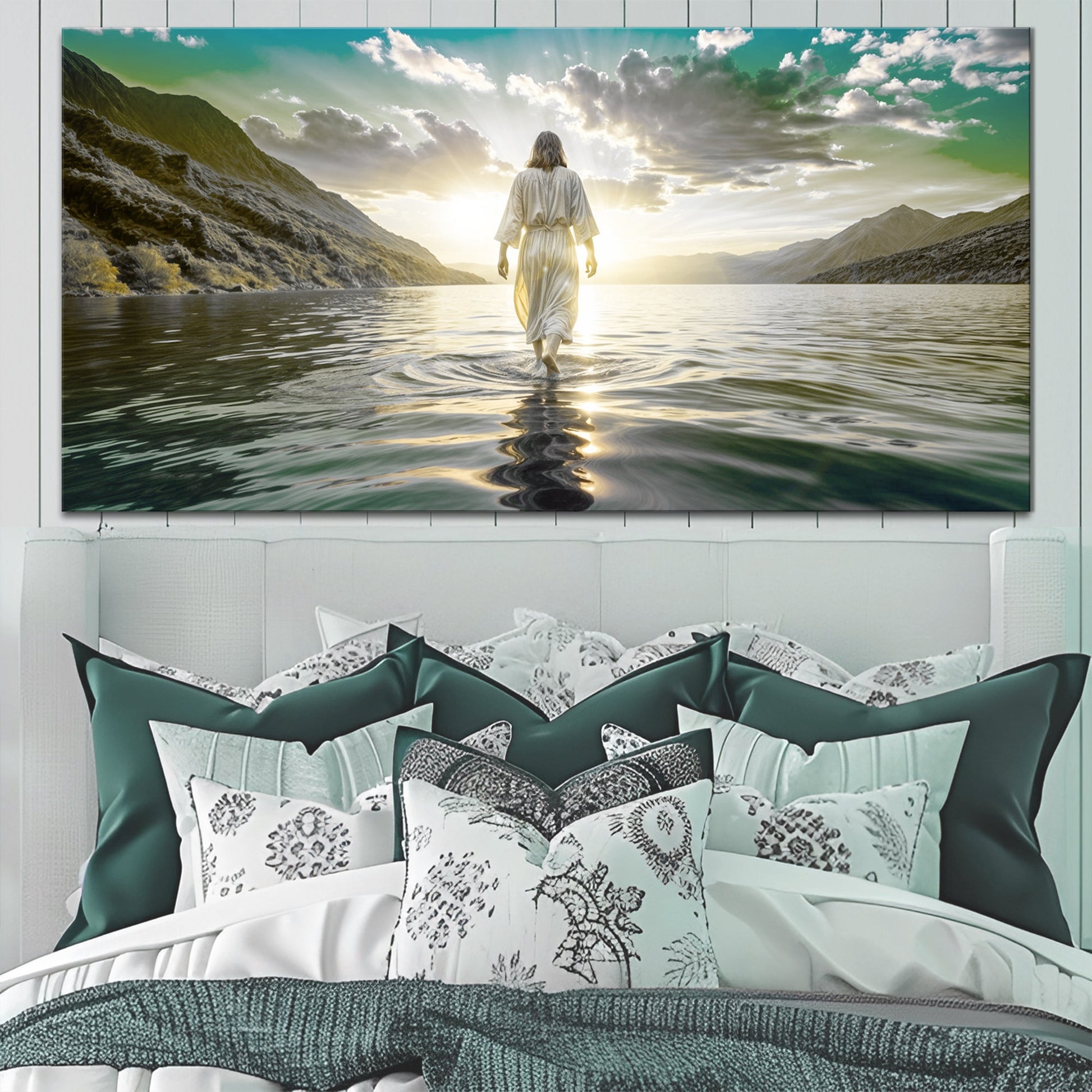 Reflections Faith Wall Art XIII canvas walking on sunlit water toward mountains on Tampa Home & Garden Store