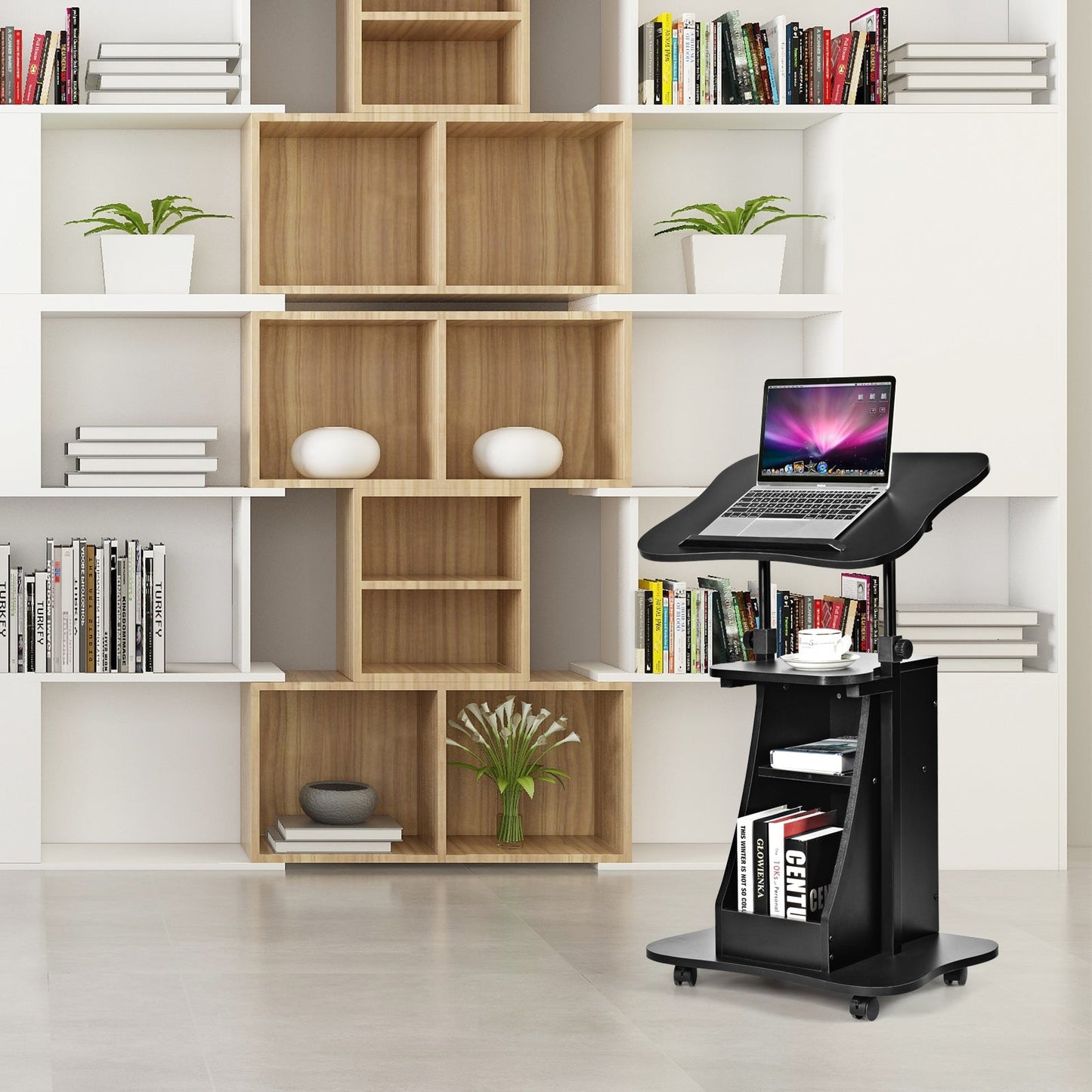 Carro de escritorio para computadora portátil de altura ajustable con almacenamiento, de asiento a pie - Negro
