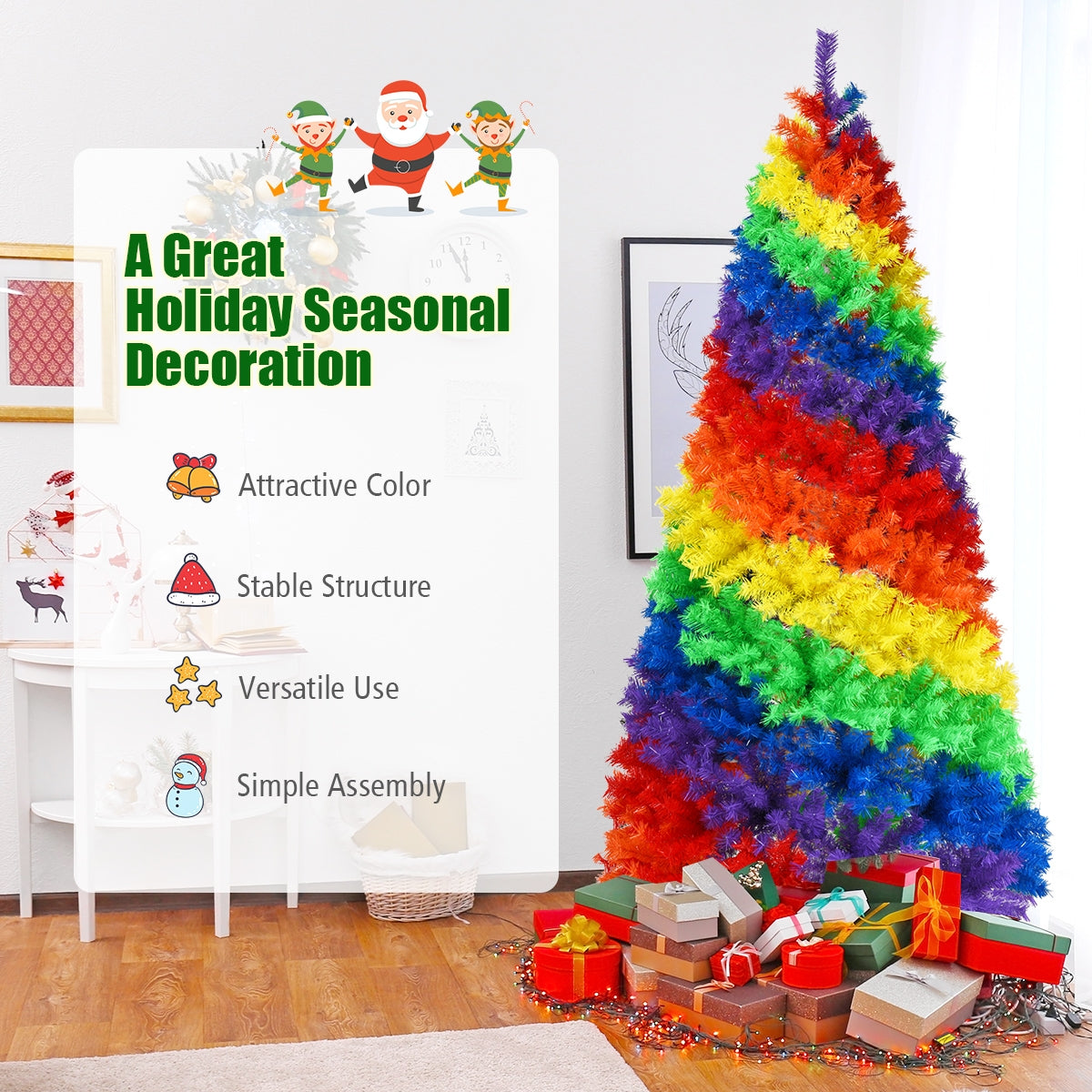 Árbol de Navidad tradicional artificial con bisagras y soporte de metal de 2.1 m