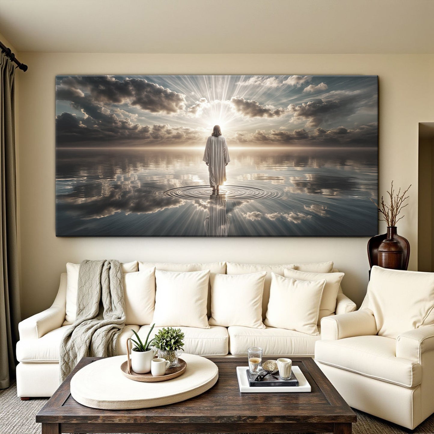 Walking on Water Faith Wall Art III canvas by Tailored Canvases, figure stands in sunlit water on Tampa Home & Garden Store