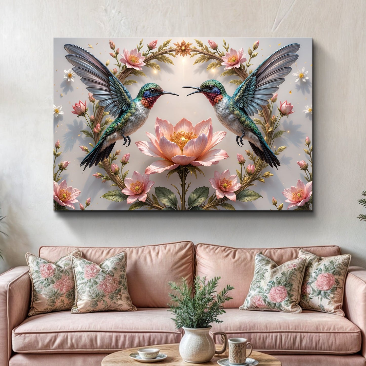 3D Hummingbirds Wall Art VI canvas by Tailored Canvases, two vibrant hummingbirds among florals on Tampa Home & Garden Store