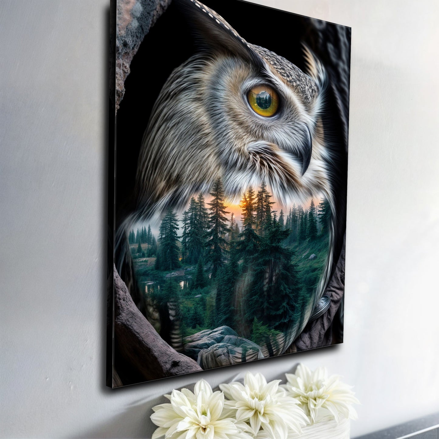 Owl double exposure canvas wall art with close up owl head and forest reflected in the eye on Tampa Home & Garden Store