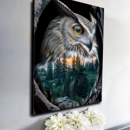 Owl double exposure canvas wall art with close up owl head and forest reflected in the eye on Tampa Home & Garden Store
