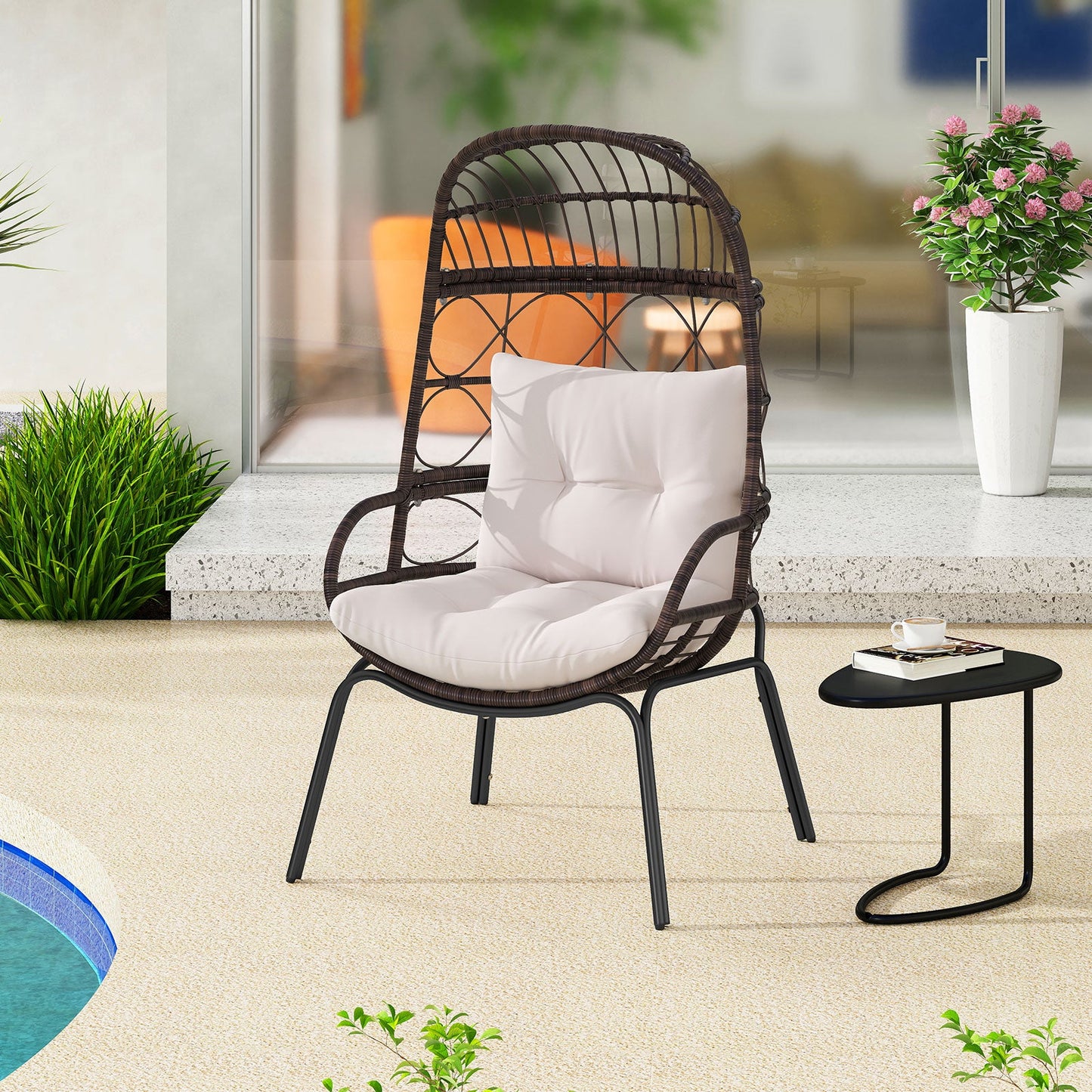 Patio Wicker Egg Chair Outdoor Rattan Lounge Basket with Seat and Back Cushions-Brown