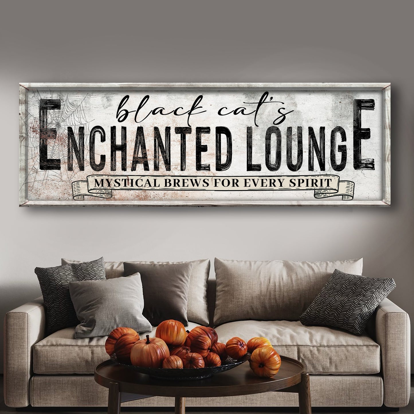 Black Cat's Enchanted Lounge Halloween Sign III canvas by Tailored Canvases with frame on Tampa Home & Garden Store