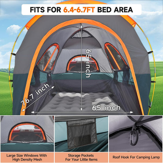 Umbrauto truck bed tent with awning for 6.4–6.7 ft beds; gray/orange, large mesh windows on Tampa Home & Garden Store