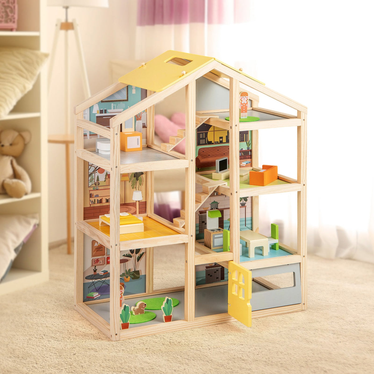 Wooden dollhouse playset with furniture and figures in natural wood and yellow roof on Tampa Home & Garden Store