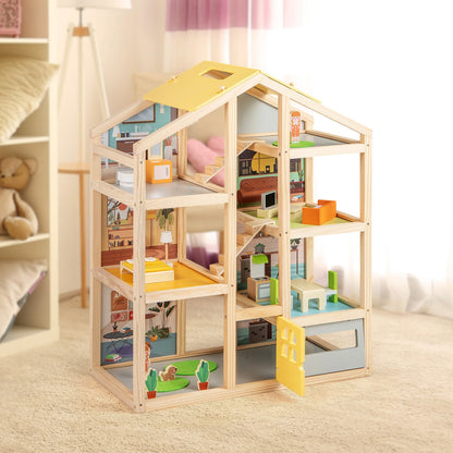 Wooden dollhouse playset with furniture and figures in natural wood and yellow roof on Tampa Home & Garden Store
