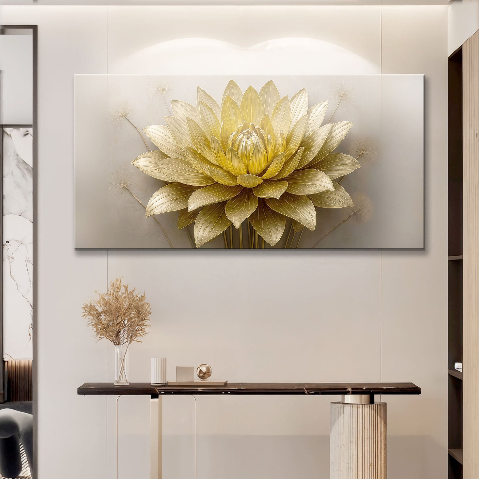 Golden Lotus Abstract Wall Art III canvas with yellow bloom on neutral backdrop on Tampa Home & Garden Store