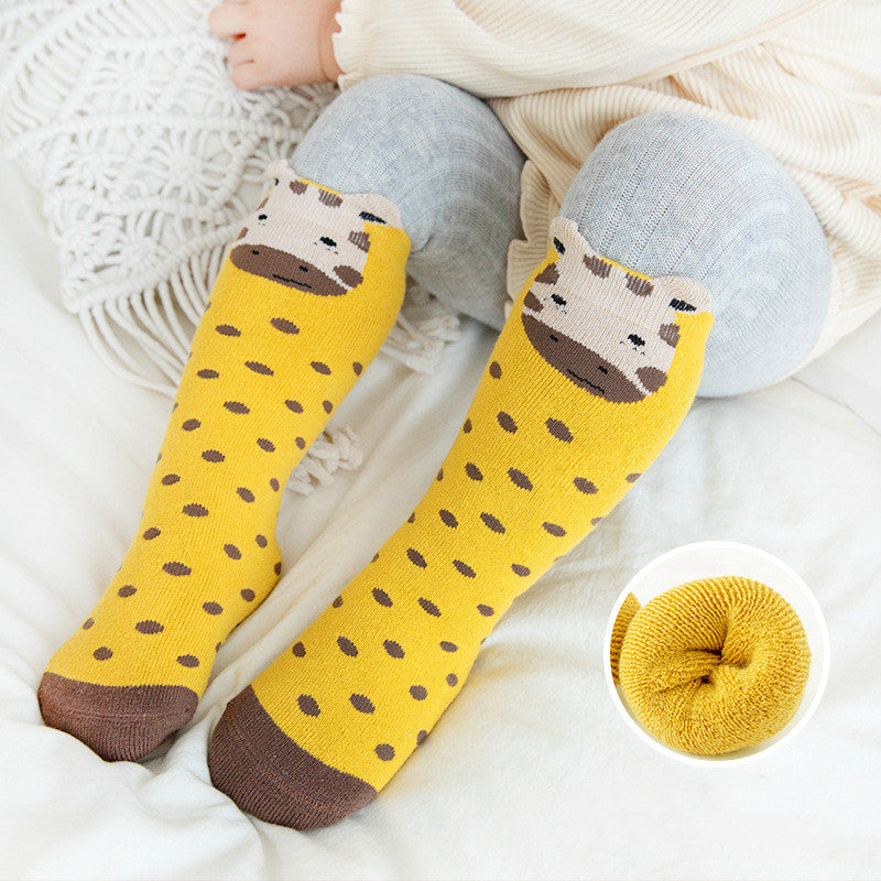 Stevvex unisex cotton baby socks yellow with brown toe and cow-face cuff, dotted pattern on Tampa Home & Garden Store