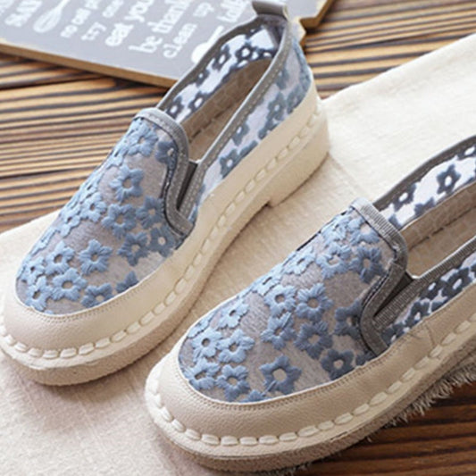 Stevvex soft lace flat slippers for women with blue floral lace upper and beige sole pair on Tampa Home & Garden Store
