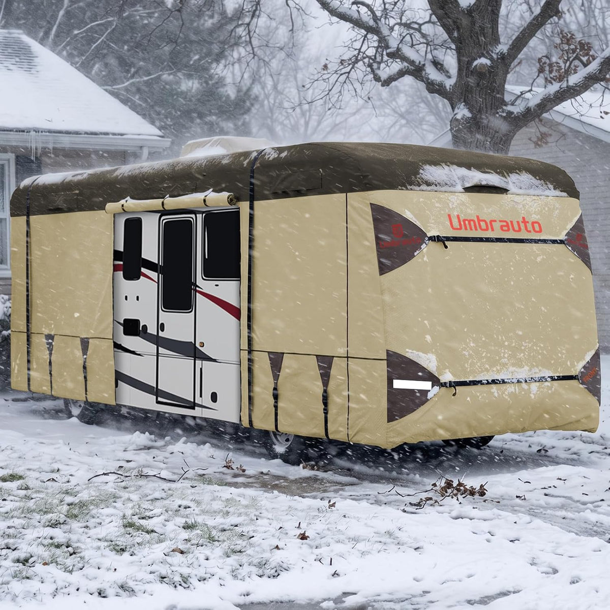Umbrauto Class A RV cover for motorhome in khaki, 7-layer heavy-duty windproof breathable top on Tampa Home & Garden Store