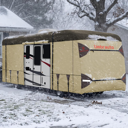Umbrauto Class A RV cover for motorhome in khaki, 7-layer heavy-duty windproof breathable top on Tampa Home & Garden Store