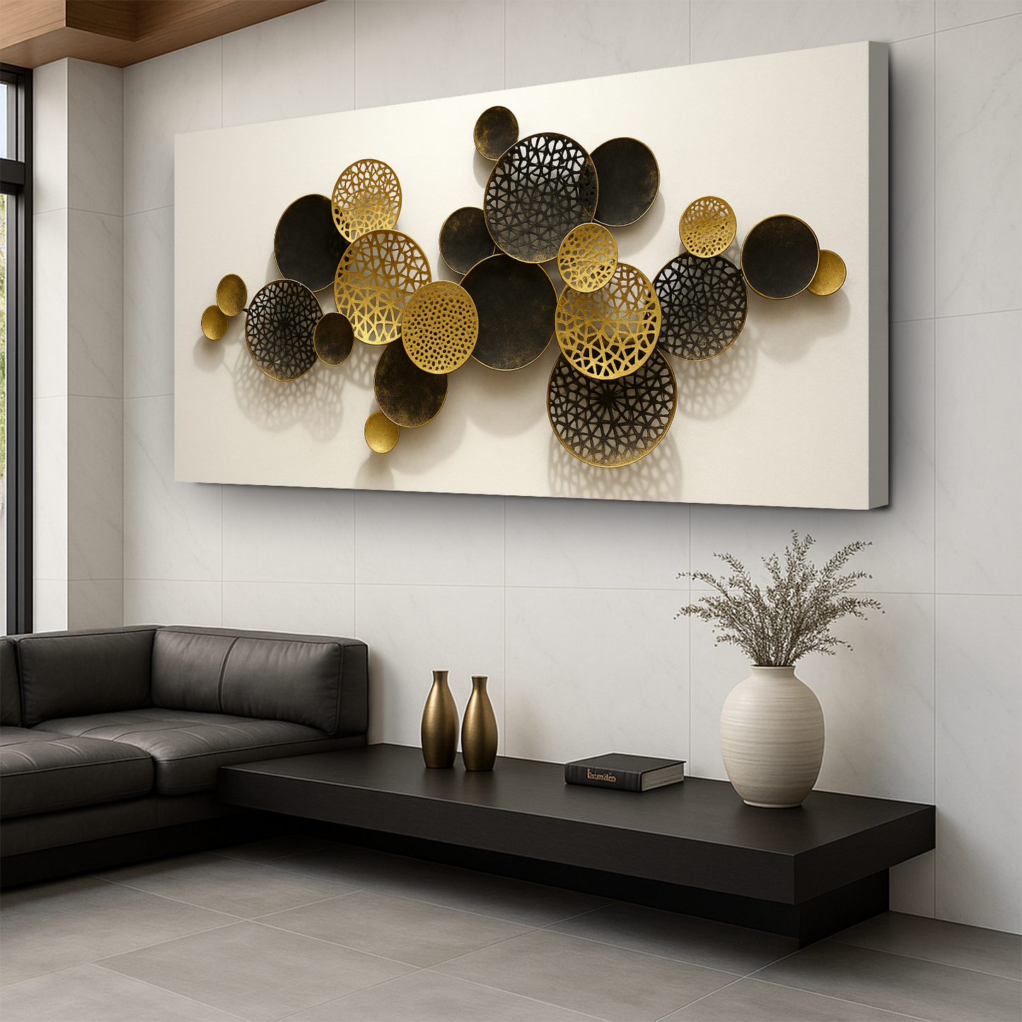 Lotus Leaf Abstract Wall Art V Canvas by Tailored Canvases - gold and black perforated circles on Tampa Home & Garden Store