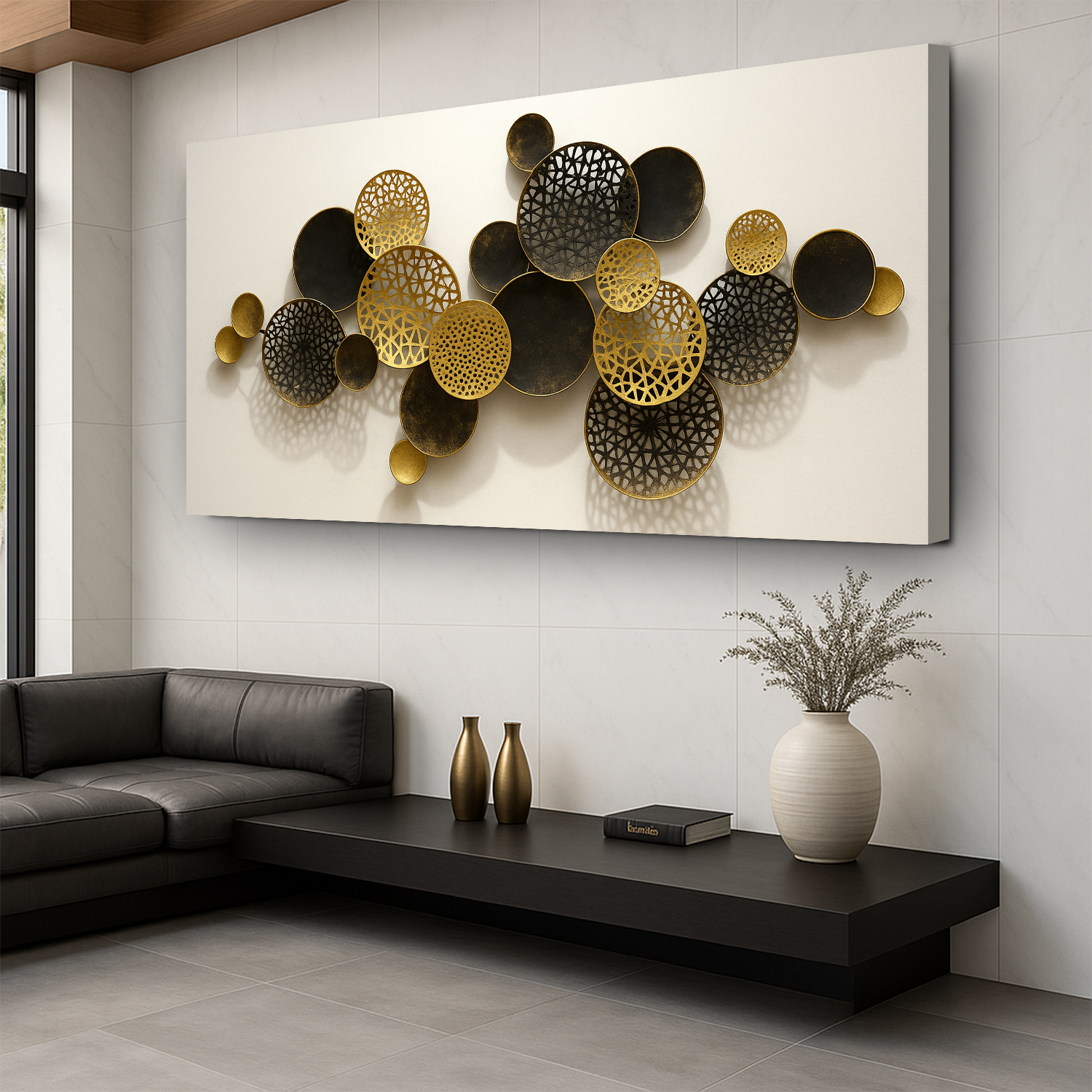 Lotus Leaf Abstract Wall Art V Canvas by Tailored Canvases - gold and black perforated circles on Tampa Home & Garden Store