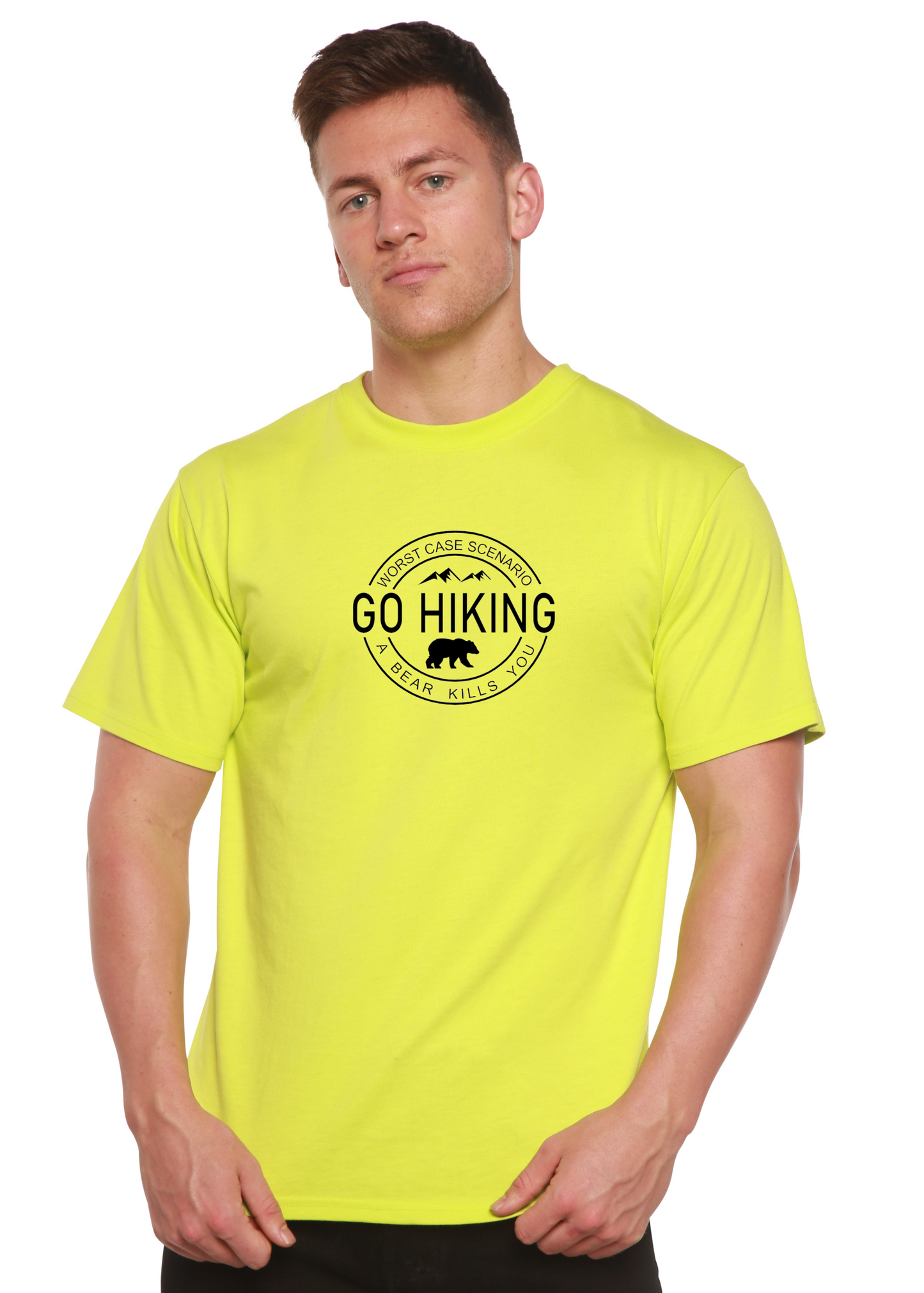 Go Hiking Bamboo Viscose/Organic Cotton Short Sleeve Graphic Tee neon yellow with circular logo on Tampa Home & Garden Store