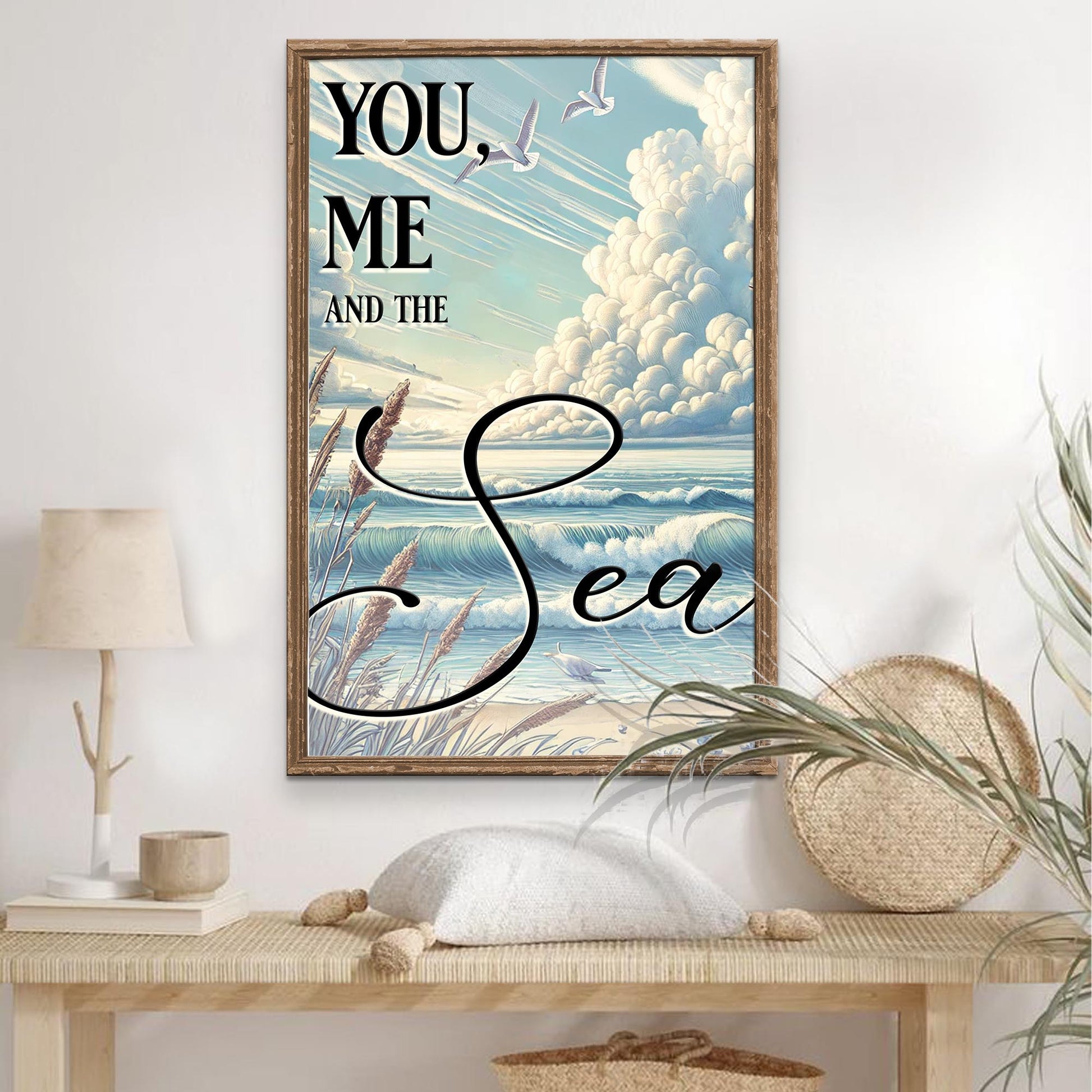 You Me and the Sea Coastal Sign III canvas by Tailored Canvases in ocean blue with clouds framed on Tampa Home & Garden Store