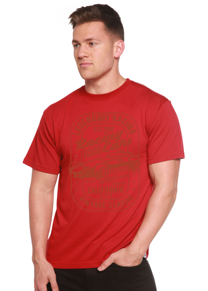 Legendary Racing Cars men's red graphic T-shirt with vintage car emblem by Spun Bamboo on Tampa Home & Garden Store