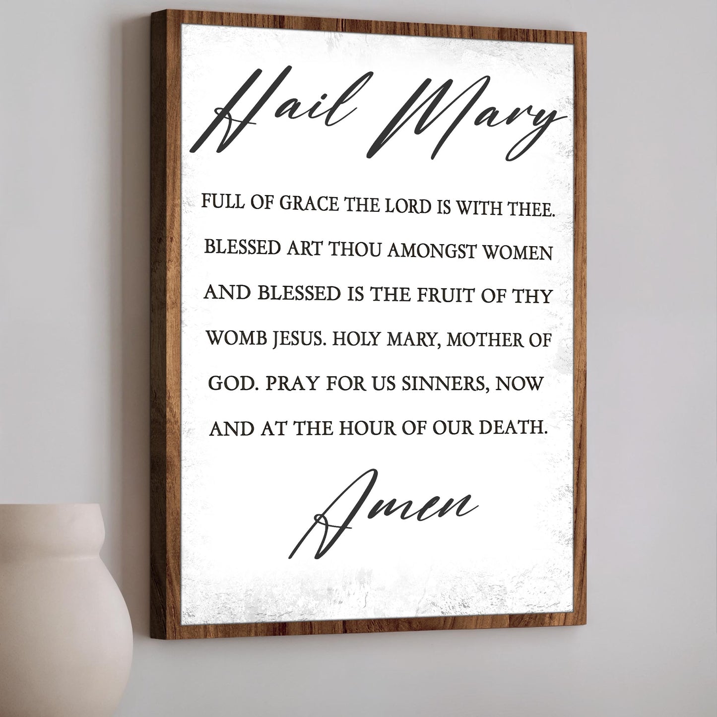 Hail Mary faith sign canvas by Tailored Canvases with wooden frame and black scripture text on Tampa Home & Garden Store
