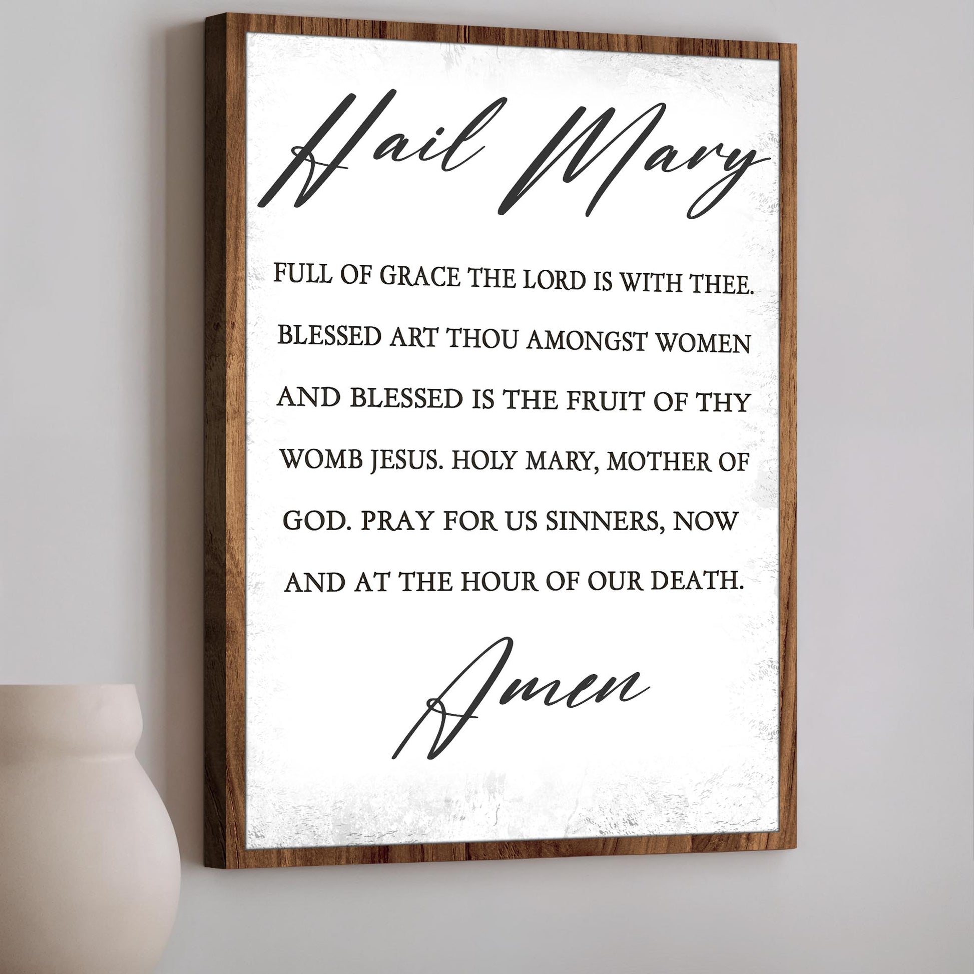 Hail Mary faith sign canvas by Tailored Canvases with wooden frame and black scripture text on Tampa Home & Garden Store