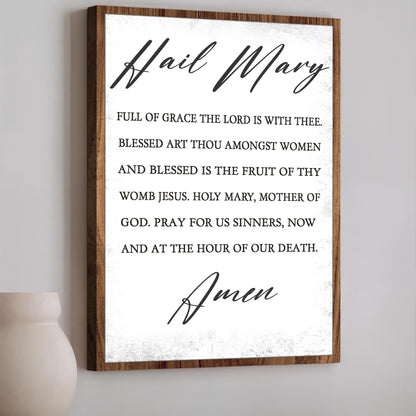 Hail Mary faith sign canvas by Tailored Canvases with wooden frame and black scripture text on Tampa Home & Garden Store
