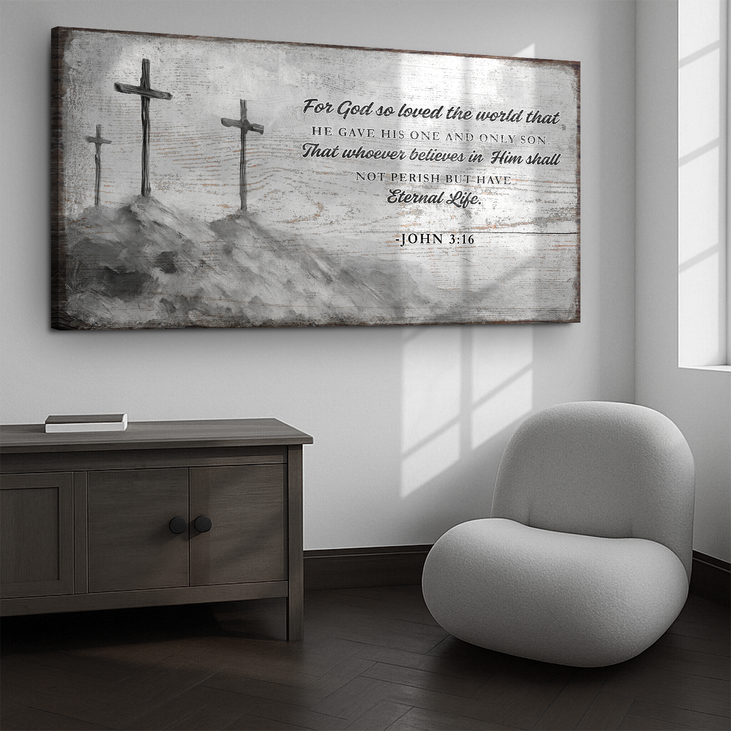 Canvas print on rustic weathered wood with three crosses on a hill and John 3:16 verse on Tampa Home & Garden Store