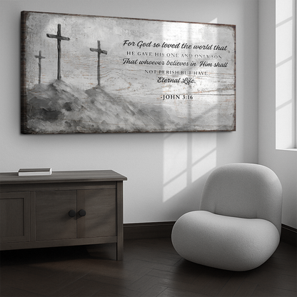 Canvas print on rustic weathered wood with three crosses on a hill and John 3:16 verse on Tampa Home & Garden Store