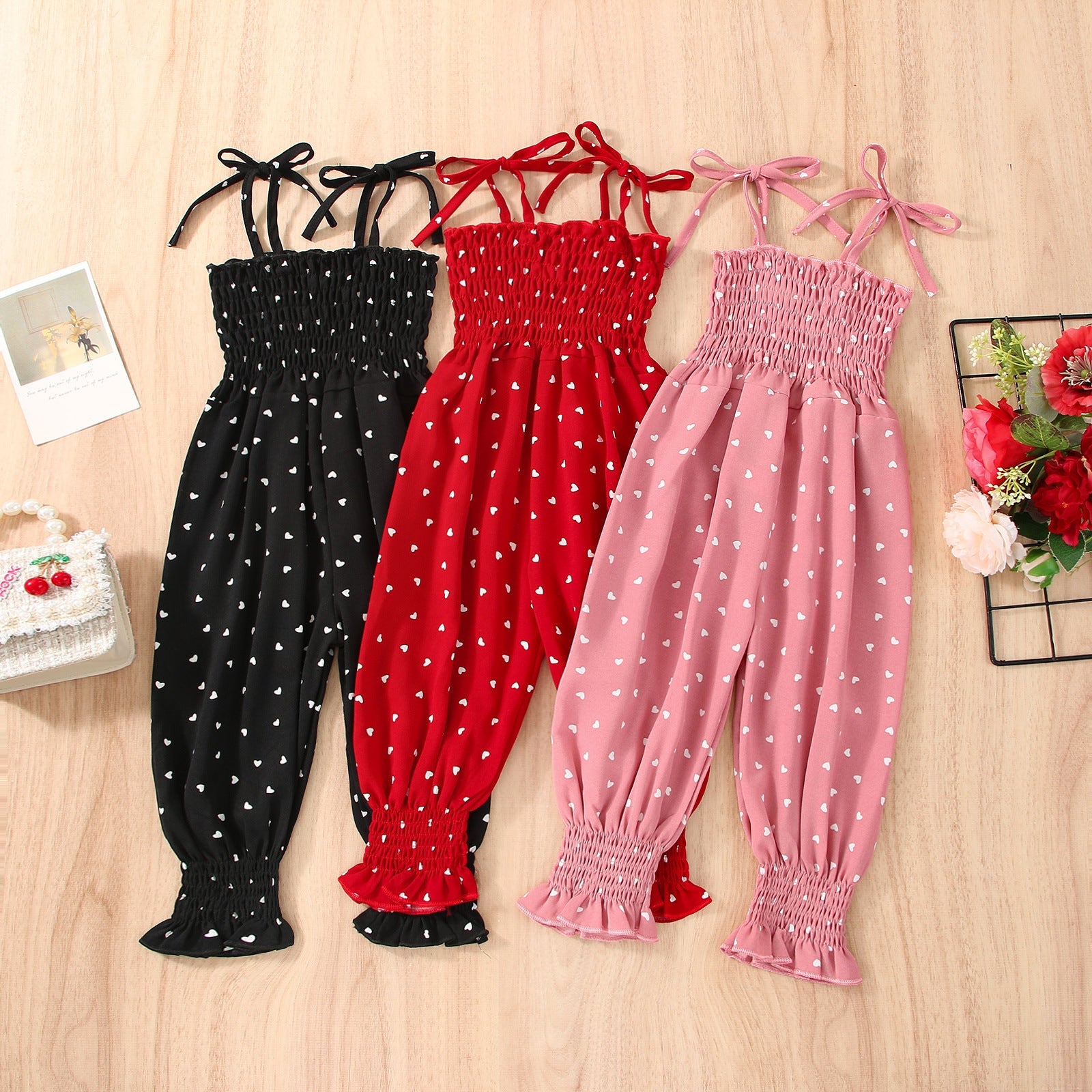 Stevvex baby cotton sleeveless overalls with hearts in black, red, pink 3-pack on Tampa Home & Garden Store